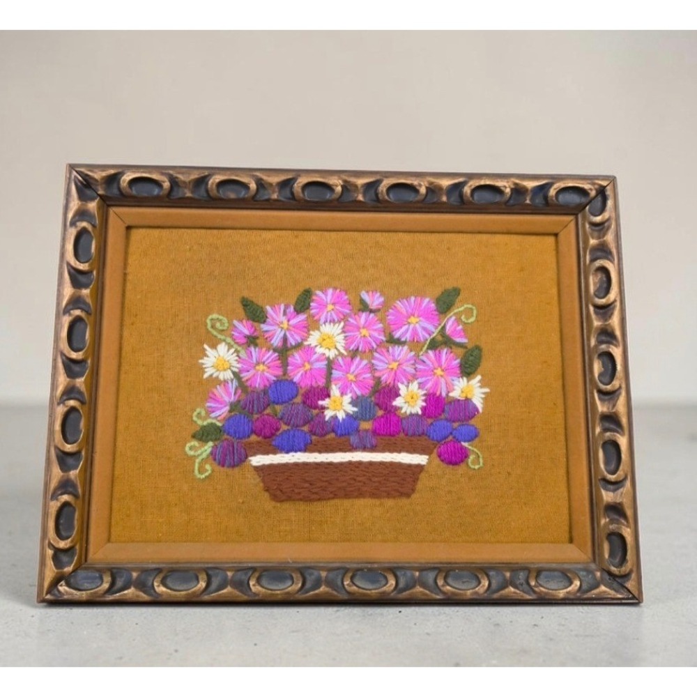 VTG 1970 Crewel Framed Embroidery Yarn Floral Basket Cottagecore Grandmacore